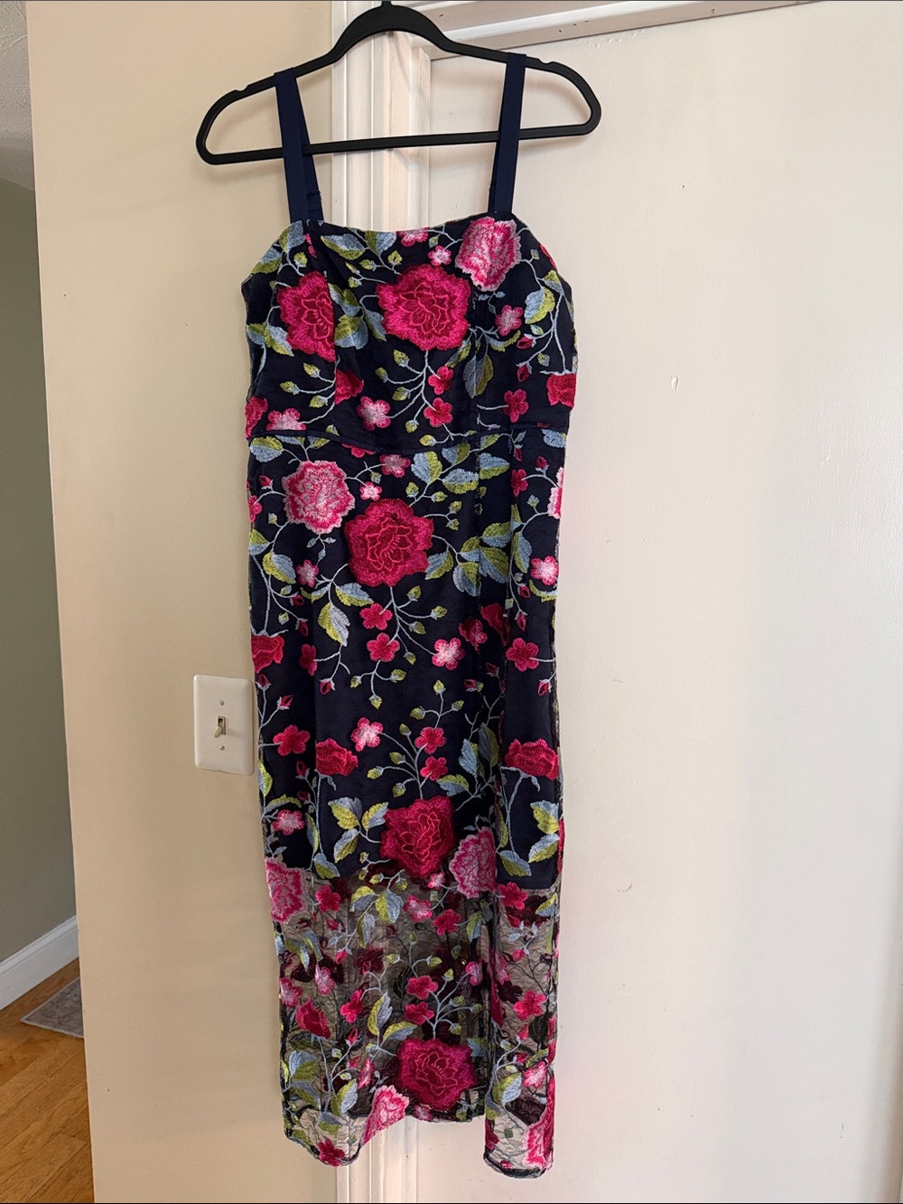 Sam Edelman Navy Midi Dress with Pink Floral Embroidery